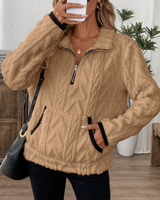 Bluza Z Klapami Zipper Przód Welurowy