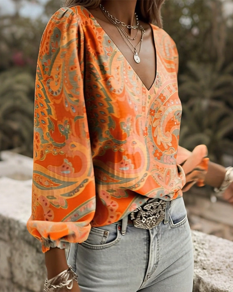 Bluzka Wzorzysta Dekolt W Serek Rękaw Bufka