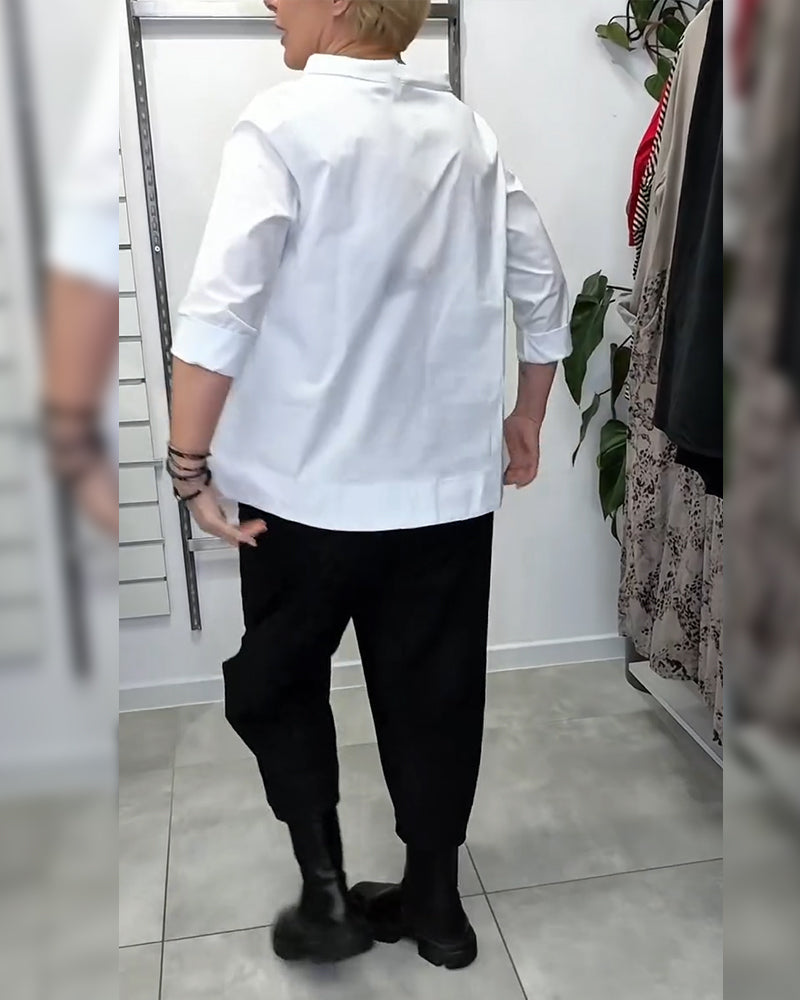 Bluzka Szeroki Kołnierz Jednolity Kolor Casual