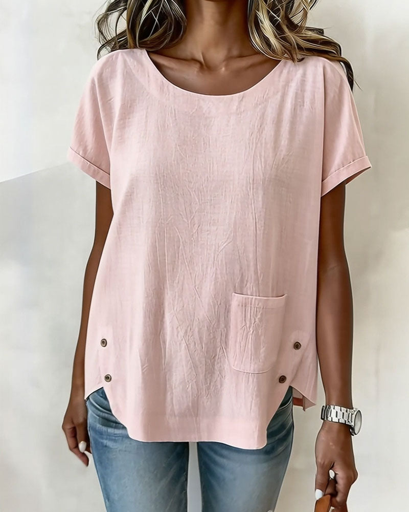 T-Shirt Bawełna Len Guzik Detal Krótki Rękaw