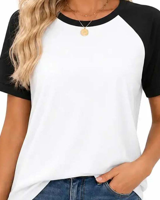 T-Shirt Okrągły Dekolt Blok Kolorów Rękaw Raglan