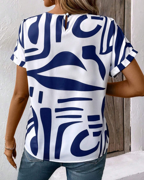 T-Shirt Okrągły Szyj Krótki Rękaw Geometryczny Nadruk
