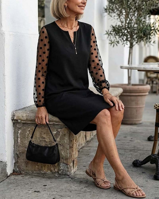 Sukienka Polka Dot Mesh Prosta Długość Do Kolan