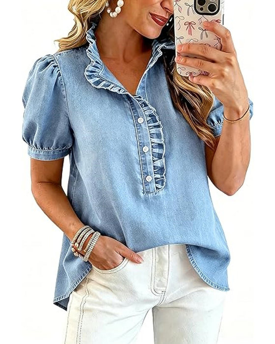 Bluzka Zapinana Na Guziki Falbanka Denim