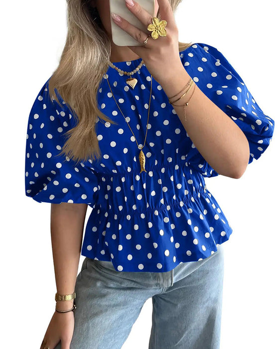 Bluzka Kropka Off-Shoulder Przepasujący Balonowy Rękaw