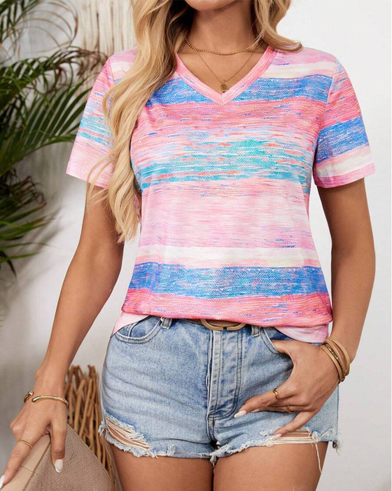 T-Shirt Z Dekoltem W Serek Kolorowy W Paski Uniwersalny