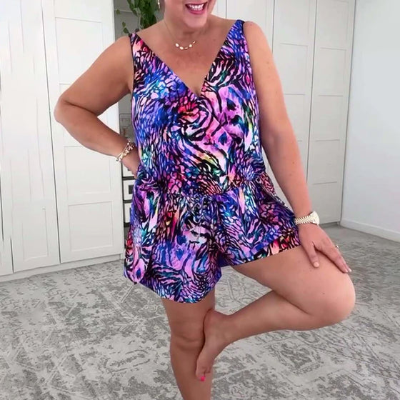 Strój Kąpielowy V-Neck Kolorowy Wzór Jednoczęściowy