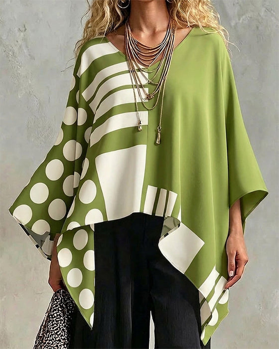 Bluzka Polka Dot Pasek Patchwork V Szyja
