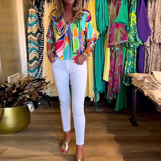 Luźna bluzka z nadrukiem z długim rękawem