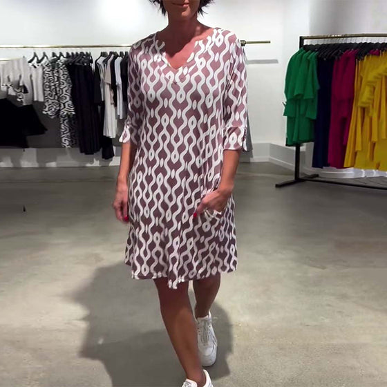 Sukienka Stojący Kołnierz Średnia Długość Wzorzysta