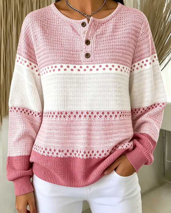 Bluza Blok Kolorów Dzianina Waflowa Henley Sweter