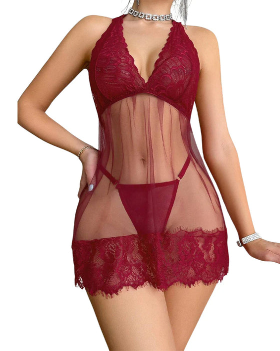 Kwiatowa Koronka Halter Babydoll Sukienka Bieliźniana Ze Stringiem