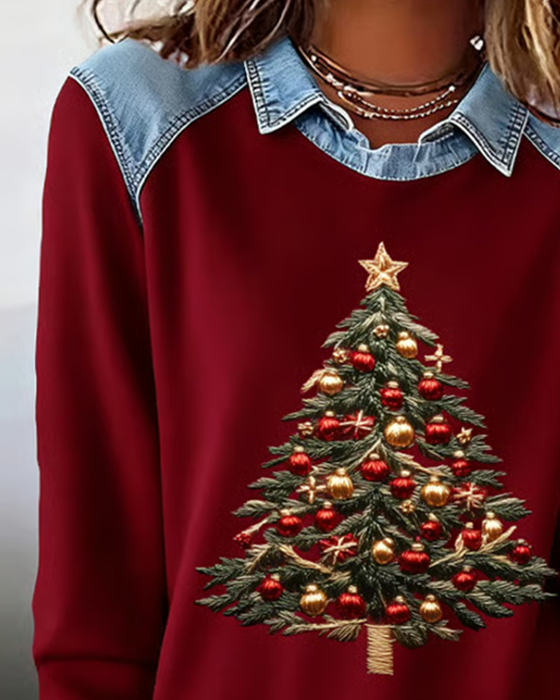 Bluza Z Dżinsu Z Detalami Patchwork I Świątecznym Nadrukiem