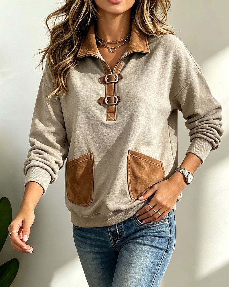 Bluza Zamsz Patchwork Kieszeń