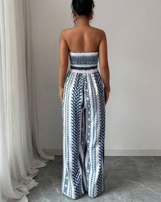 Jumpsuit Geometryczny Bandeau Rozcięcie Szeroka Noga