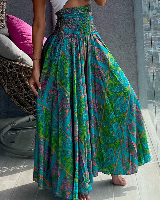 Eleganckie spodnie z szeroką nogawką i nadrukiem w stylu vintage