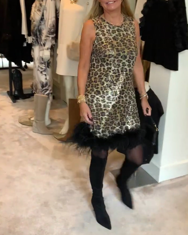 Sukienka Bezrękawa Wzór Lamparta Pióro Strusia Modna