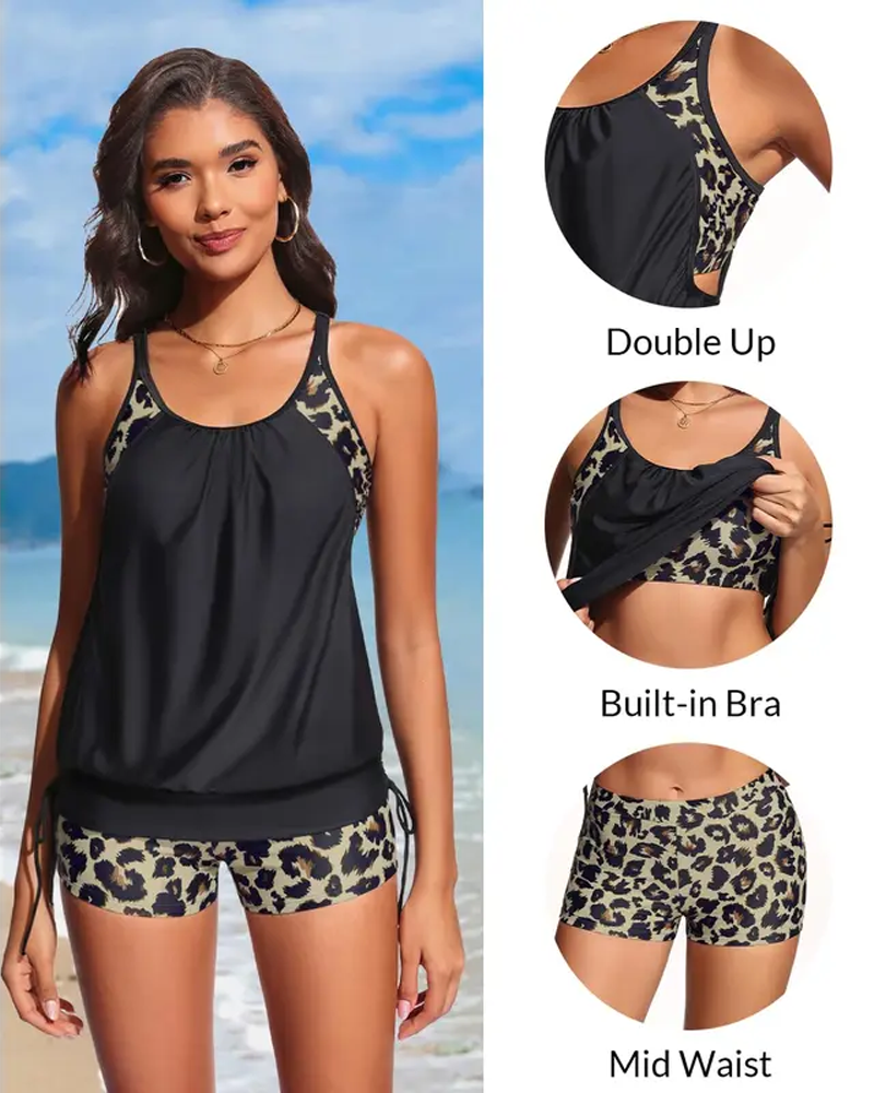 Tankini Bez Rękawów Lampart Patchwork Ściągacz