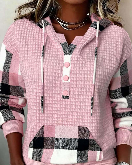 Bluza Z Kapturem Krata Patchwork Swobodny