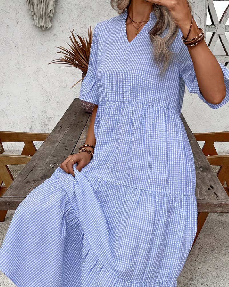 Sukienka Niebieski Biały Gingham V-Szyja