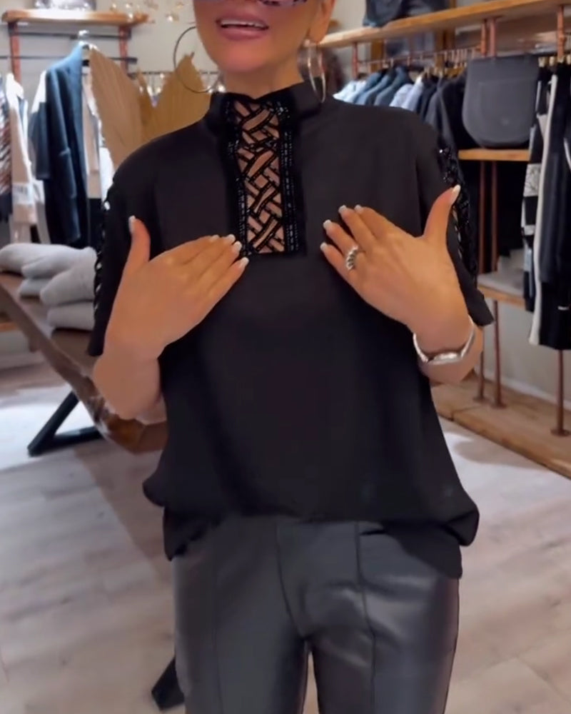 Top Modny Krótki Rękaw Wydrążony Kołnierz