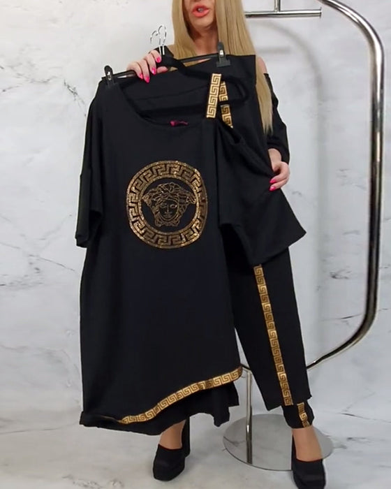 Luźny dwuczęściowy nieregularny wzorzysty komplet