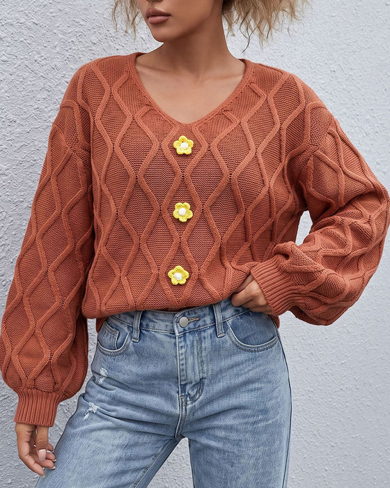 Pullover Rękaw Latarnia Argyle Moda Dzianinowy