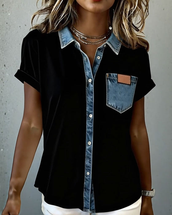 T-Shirt Denim Patchwork Wywijany Kołnierz