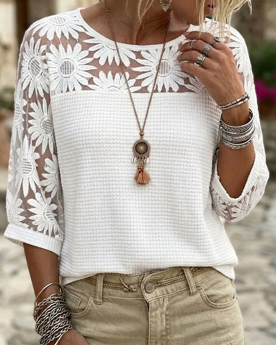 T-Shirt Okrągły Dekolt Koronka Wafel Patchwork