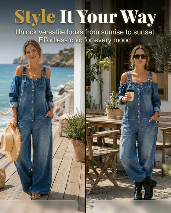Jumpsuit Ramiączko Spaghetti Odkryte Ramię Szeroka Noga Denim