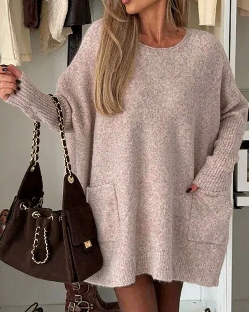 Sweter Okrągły Dekolt Sweter Kieszeń Luźny