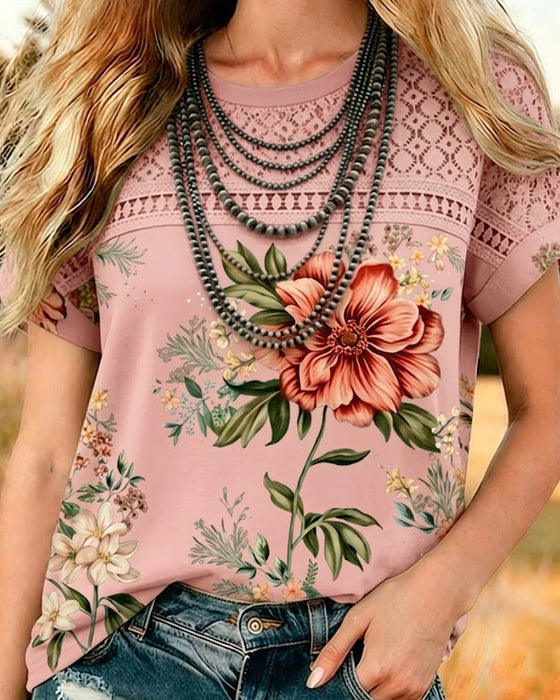 T-Shirt Z Wycięciem Patchwork Krótki Rękaw