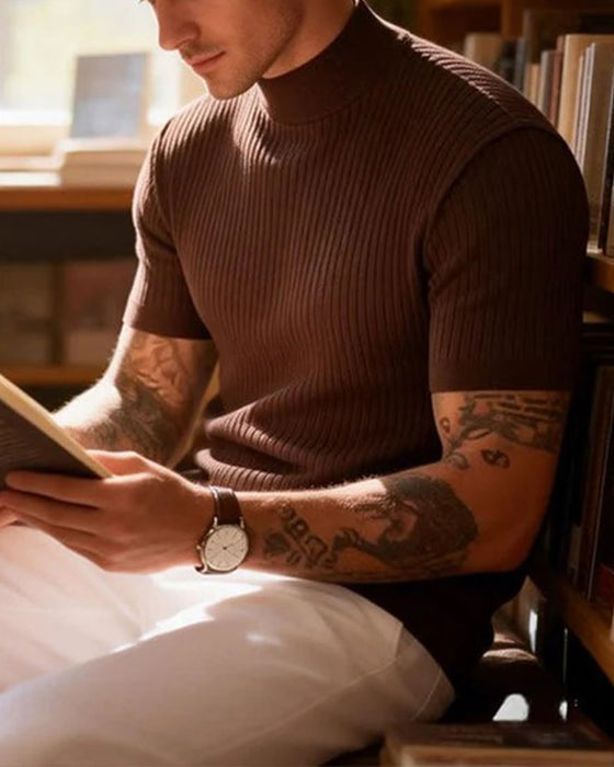 T-Shirt Mock Neck Męski Krótki Rękaw