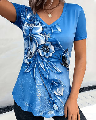 T-Shirt Kwiatowy V-Szyja Krótki Rękaw
