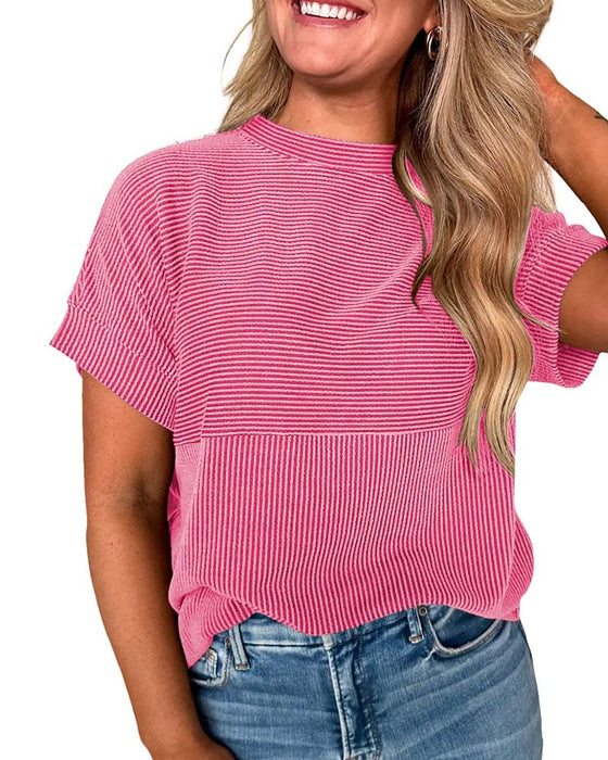 T-Shirt W Paski Krótki Rękaw Okrągły Dekolt