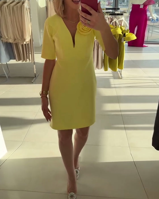 Sukienka Elegancka Ręcznie Robiony Kwiat Gładki Kolor