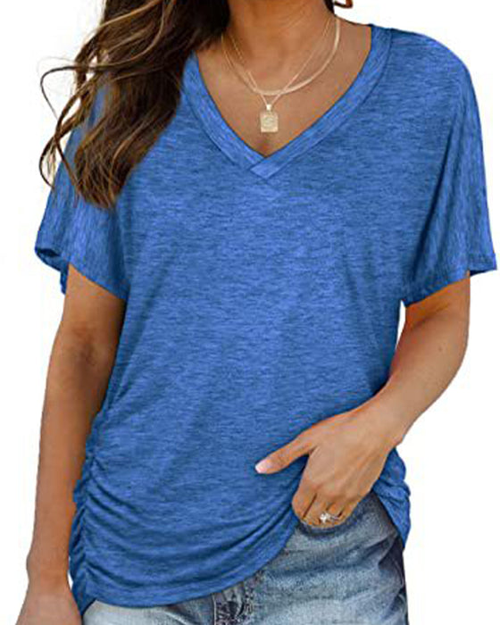 T-Shirt Plisowany Jednokolorowy Dekolt W Serek