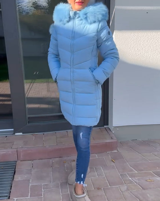 Swobodna jednokolorowa pikowana kurtka z kapturem i kieszenią na zamek