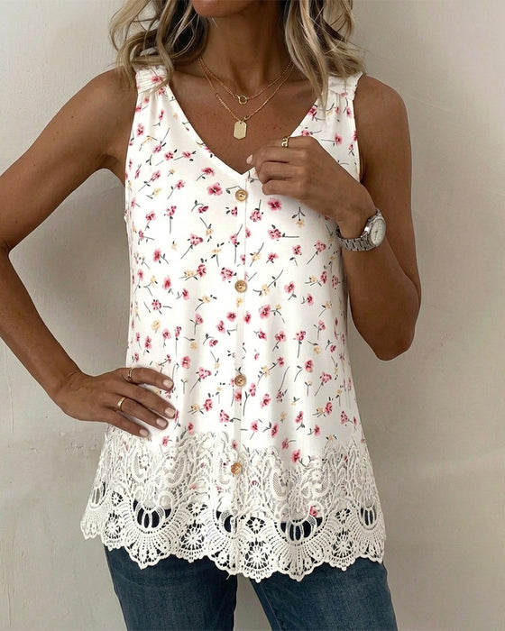 Tank Top V-Szyjka Ramiączko Spaghetti Kwiatowy Koronka Patchwork