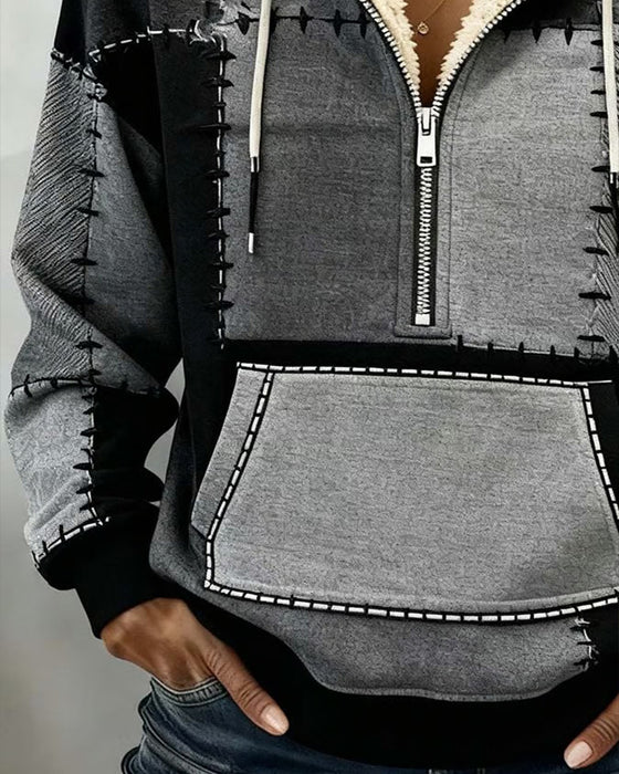 Bluza Z Kapturem Z Pół-Zamkiem I Kieszenią