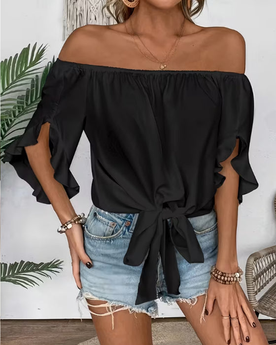 Bluzka Off-Shoulder Kokardka Rozkloszowany Rękaw