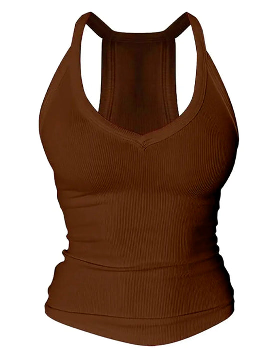 Top Cami Wbudowany Biustonosz Dekolt W Kształcie Litery V Żebrowany Ramiączka Spaghetti