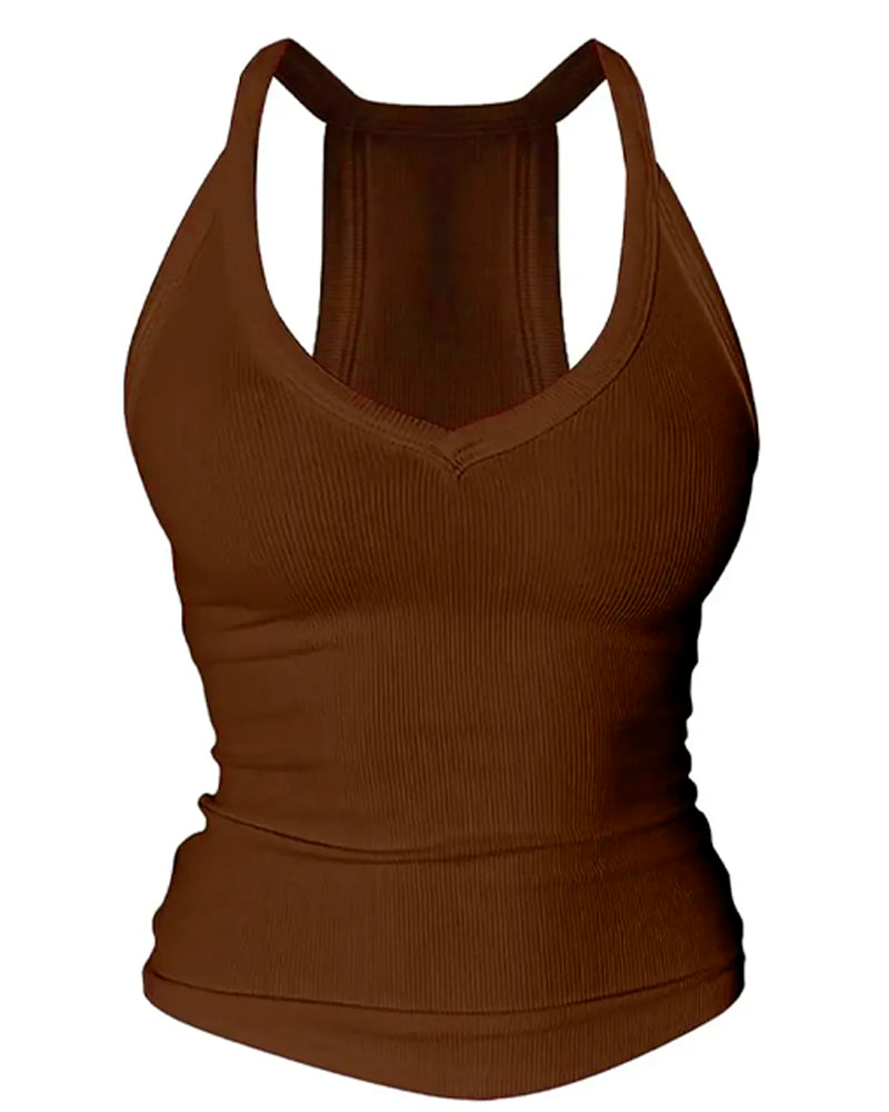 Top Cami Wbudowany Biustonosz Dekolt W Kształcie Litery V Żebrowany Ramiączka Spaghetti