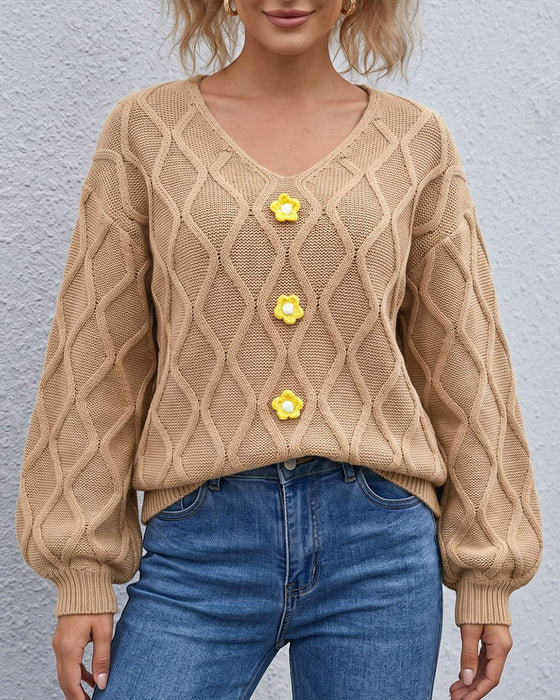 Pullover Rękaw Latarnia Argyle Moda Dzianinowy