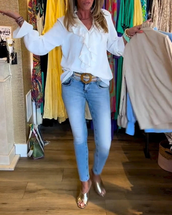 Damskie markowe bluzki z falbaną