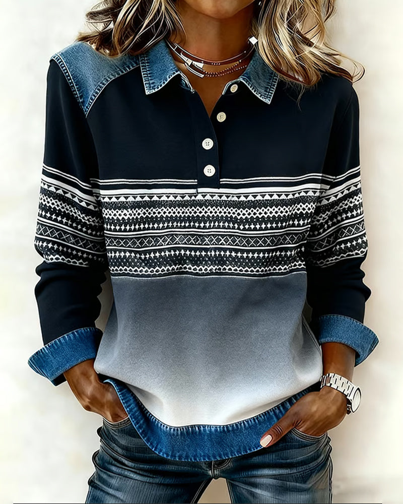 Bluza Z Projektem Kołczunu Lapel Z Przyciskami, Wzorem Pasów I Kolorem Degradowanym