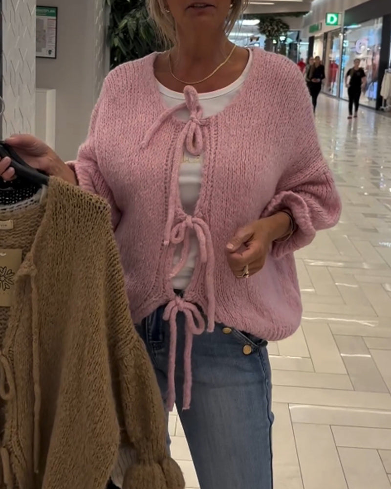 Luźny jednokolorowy kardigan ze sznurowaniem i długim rękawem