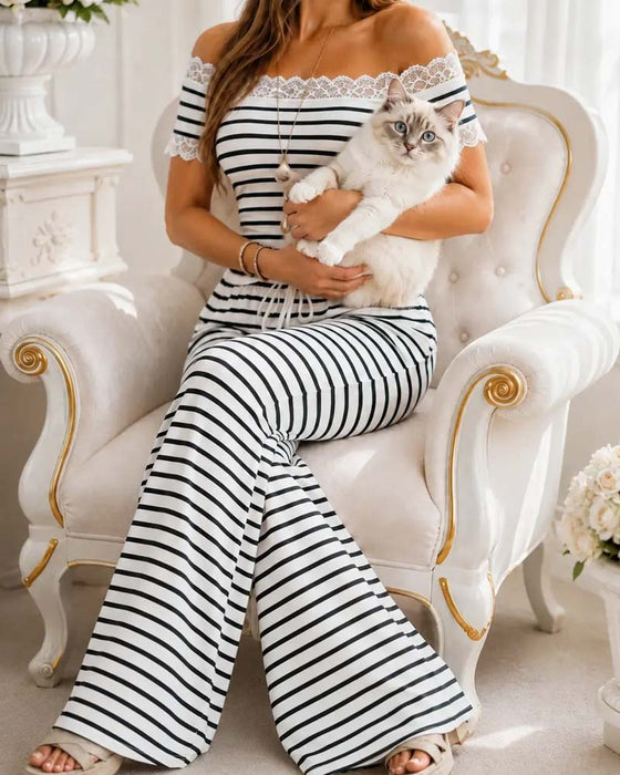 Set Off-Shoulder Koronkowa Lamówka Pasek Szeroka Noga Spodnie
