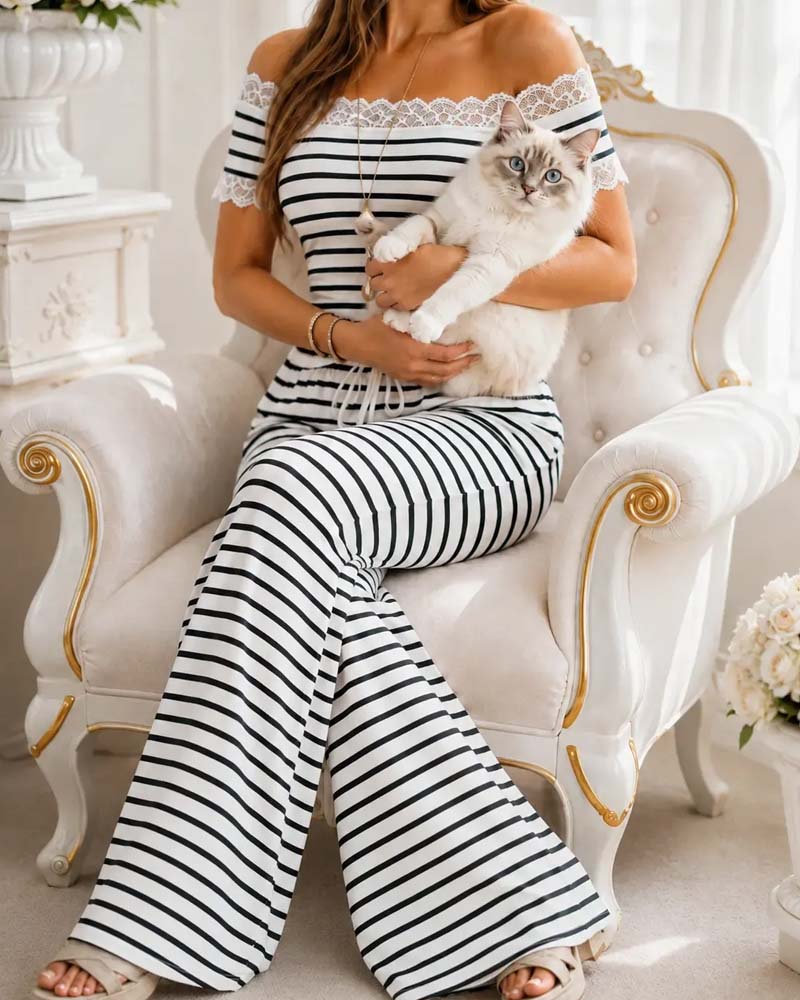 Set Off-Shoulder Koronkowa Lamówka Pasek Szeroka Noga Spodnie