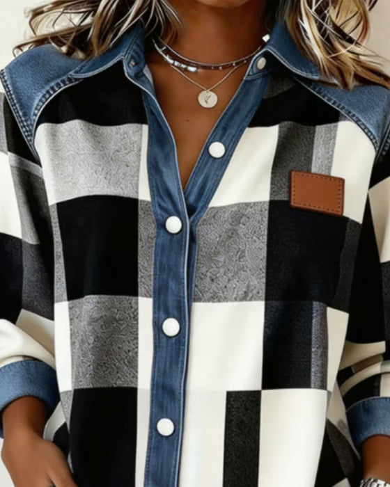 Koszula W Kratę Blok Kolorów Denim Patchwork